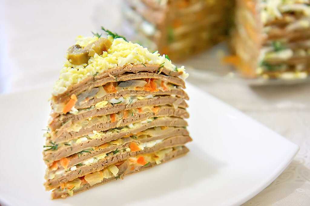Печеночный торт из куриной печени с грибами