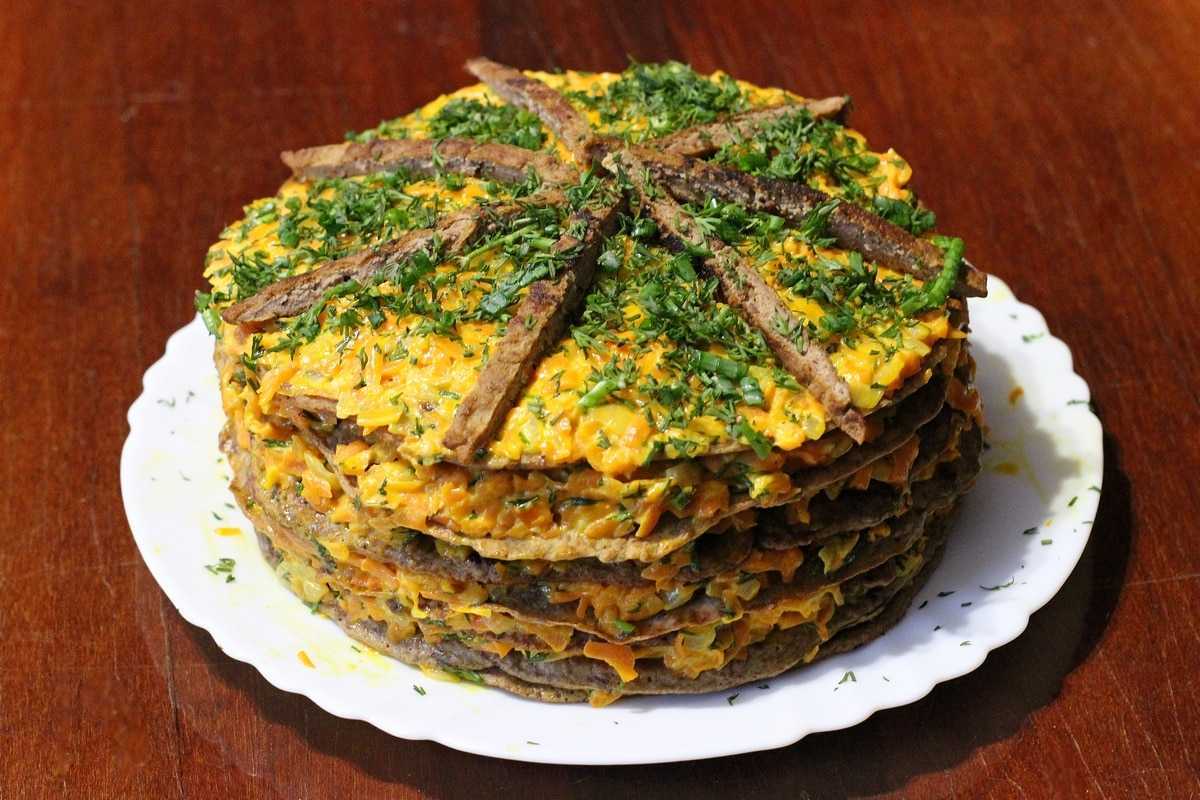 Печеночный торт из куриной печени с грибами